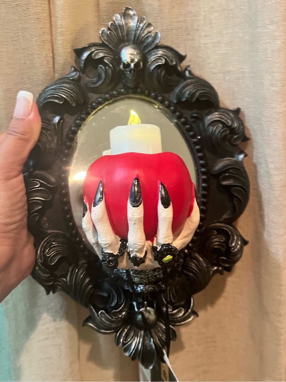 Gothic Black Skull Mirror with Red Apple Candle Holder